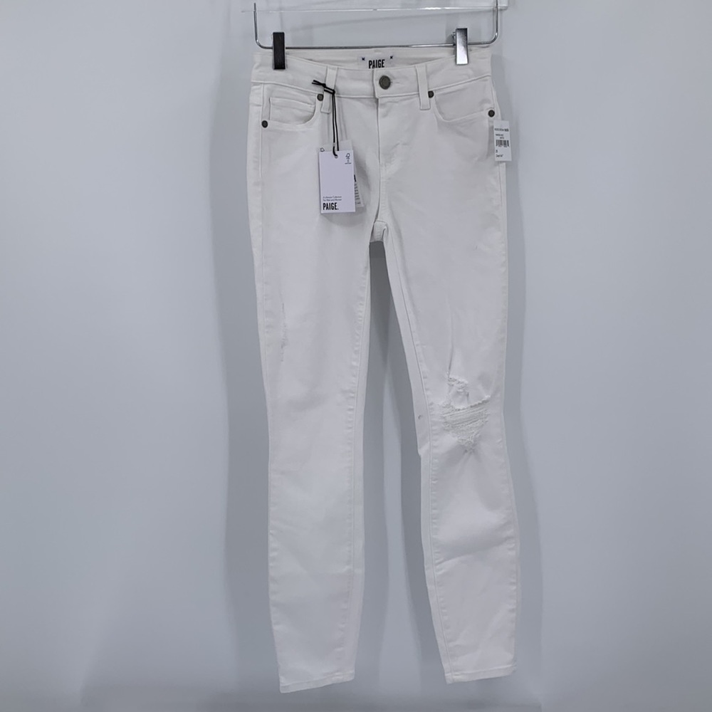 Paige Verdugo cropped ankle jeans white skinny lower rise distress stain new 25